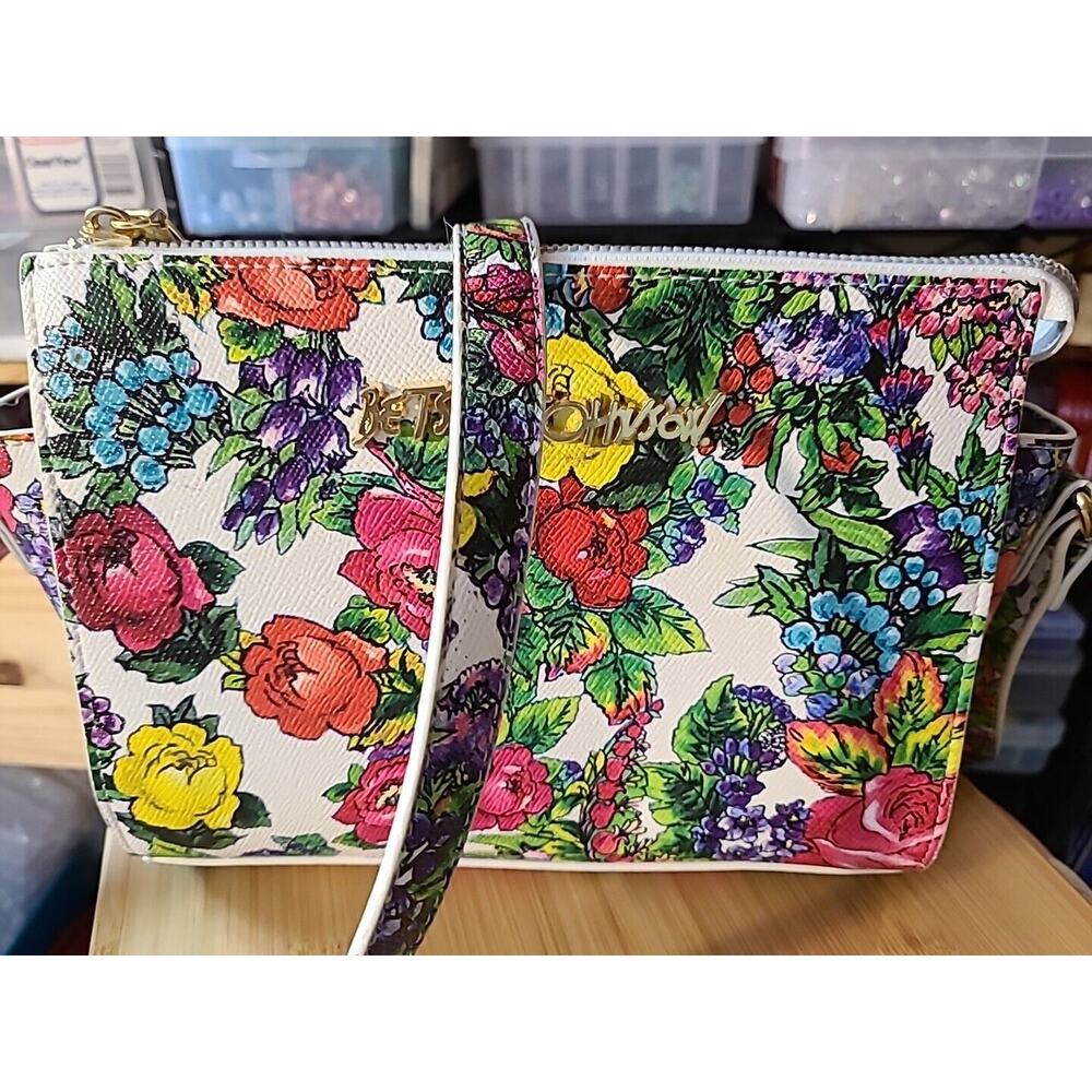 Betsey Johnson White W Multi Colored Floral Crossbody Purse